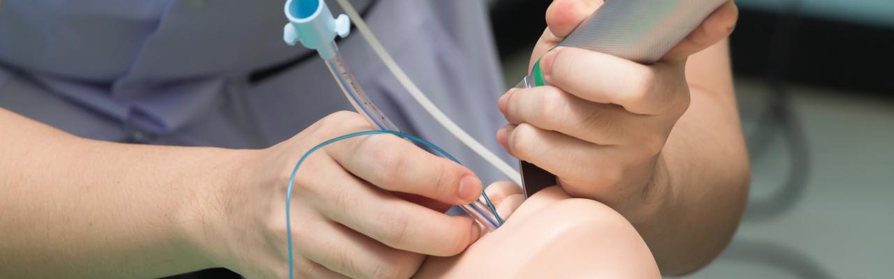 anesthesiologist performs intubation on medical dummy