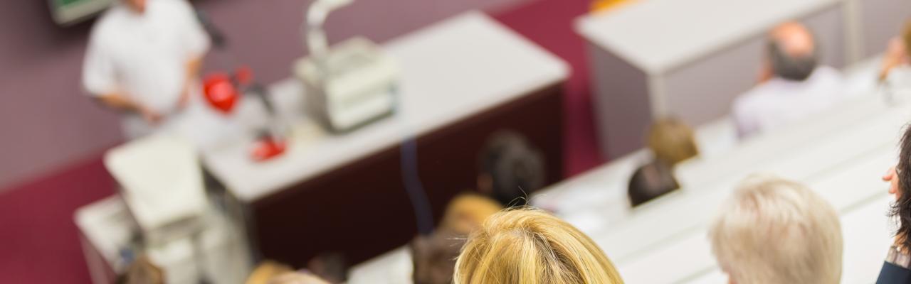 lecturer teaches in large hall